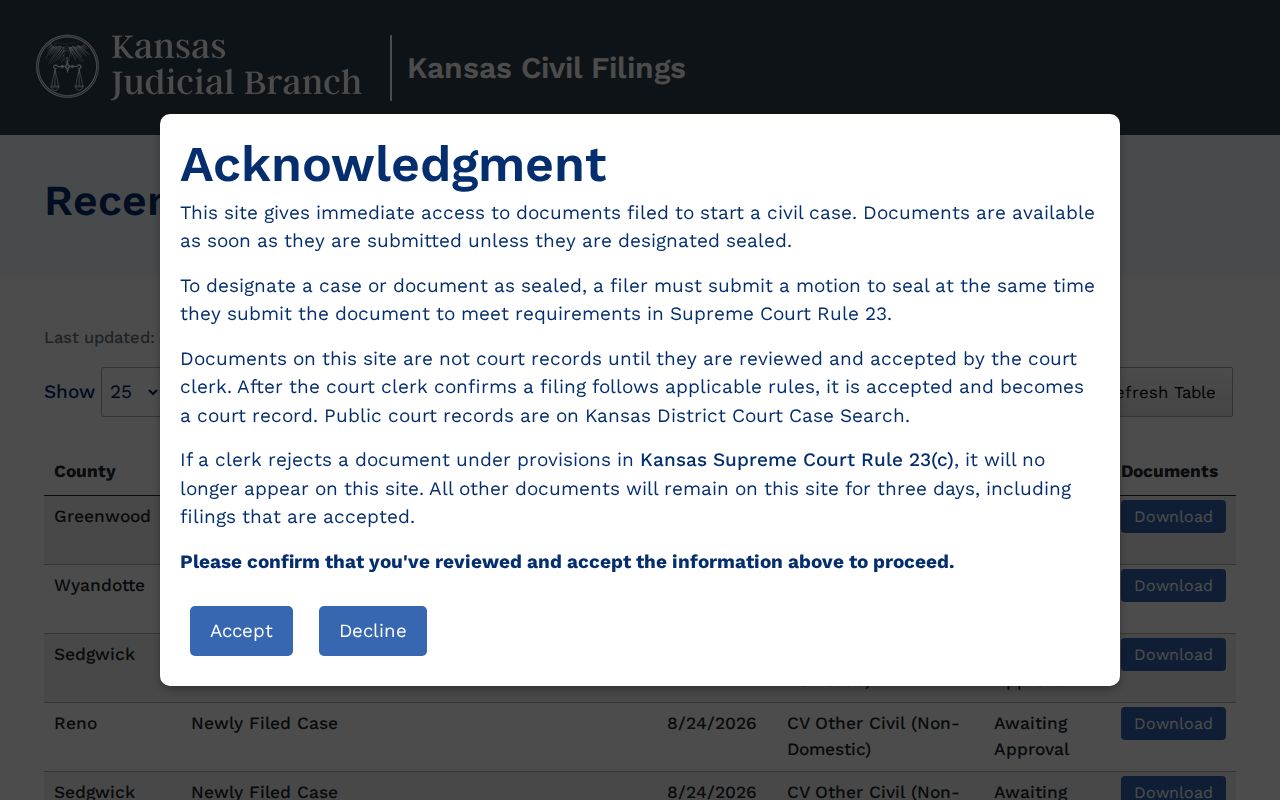 Miami County civil court docket Kansas new civil filings search
