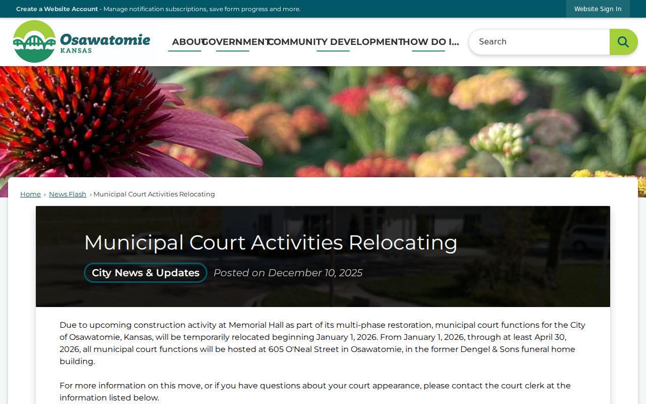 Osawatomie court records dated municipal court relocation notice