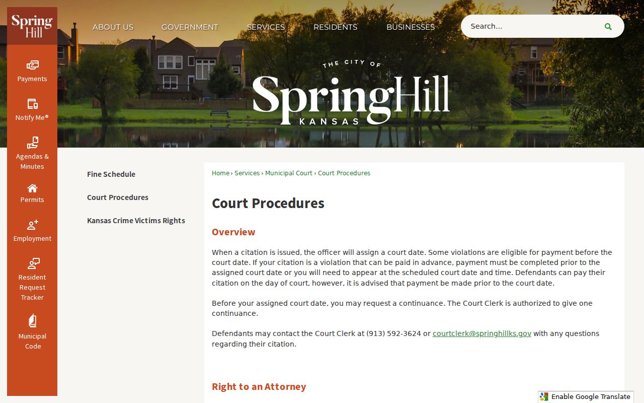 Spring Hill official municipal court procedures page